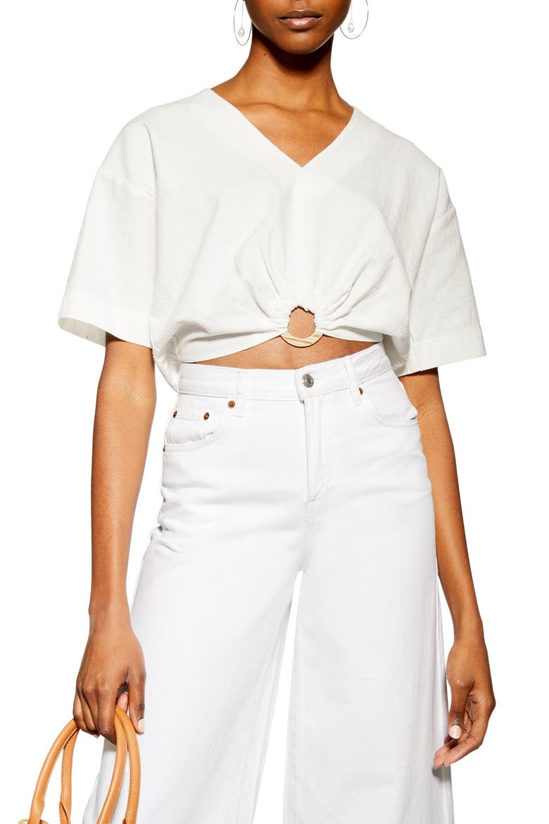Laundered Buckle Detail Crop Blouse, Main, color, IVORY