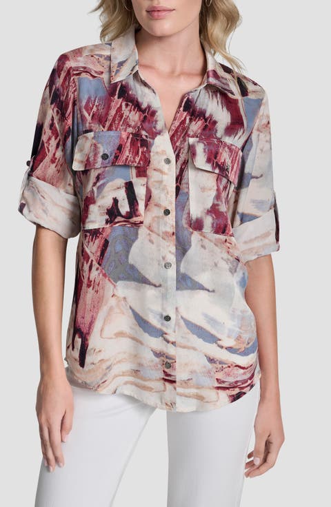 Abstract Print Roll-Tab Sleeve Button-Up Shirt