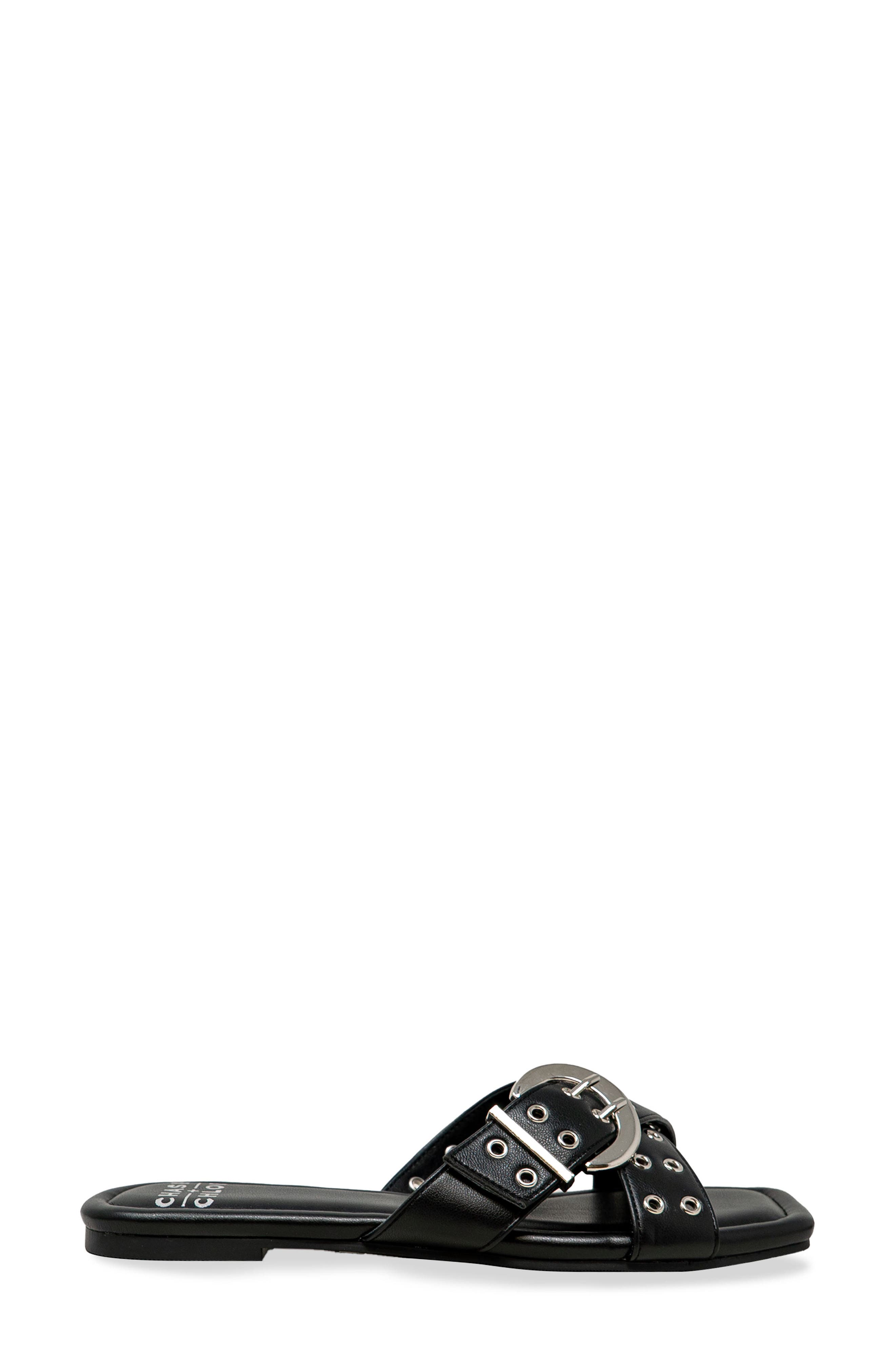 Grommet Cross Strap Slide Sandal, Alternate, color, BLACK PU