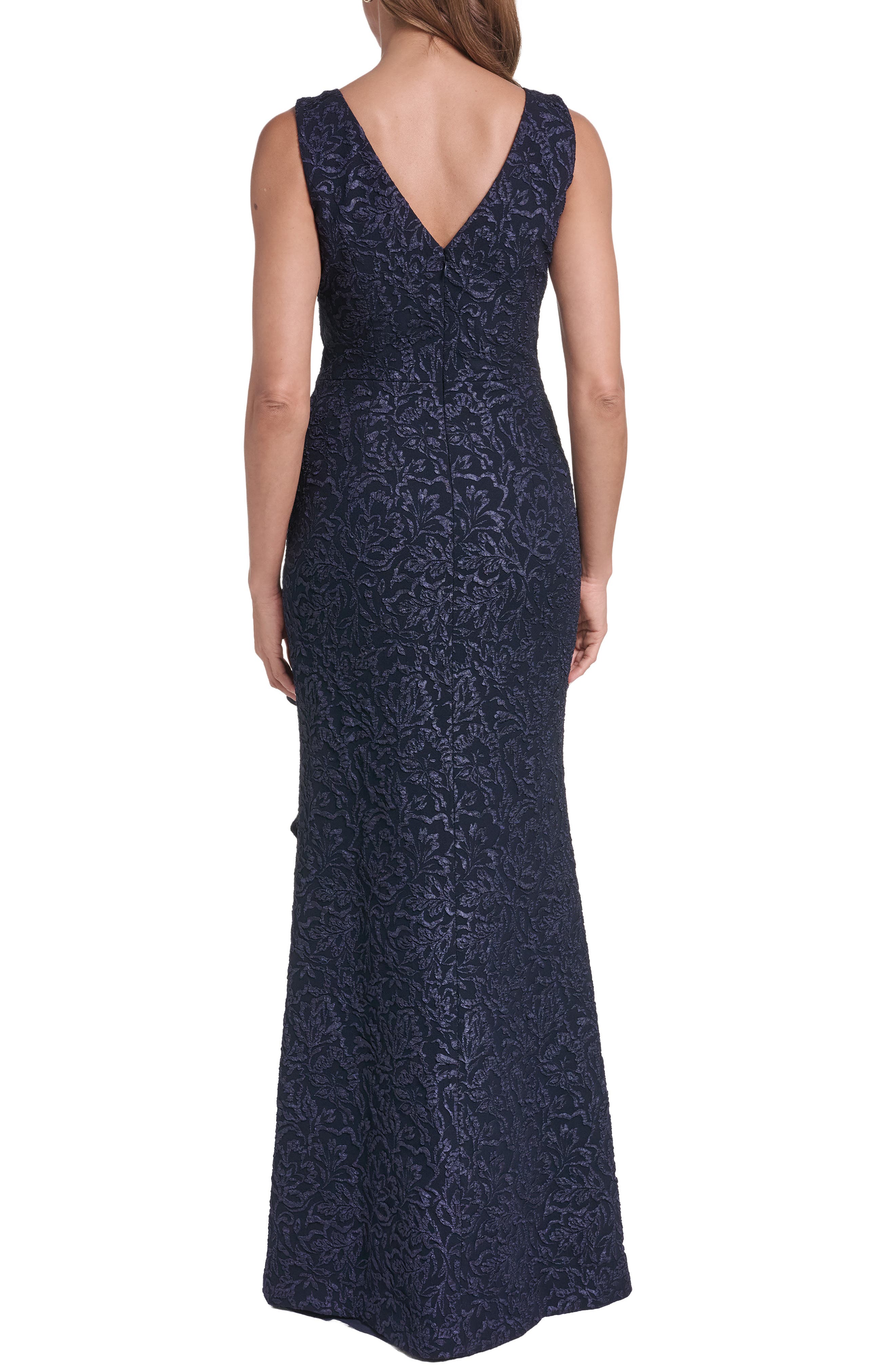 Eliza J Metallic Floral Jacquard Cascade Ruffle Gown (Women