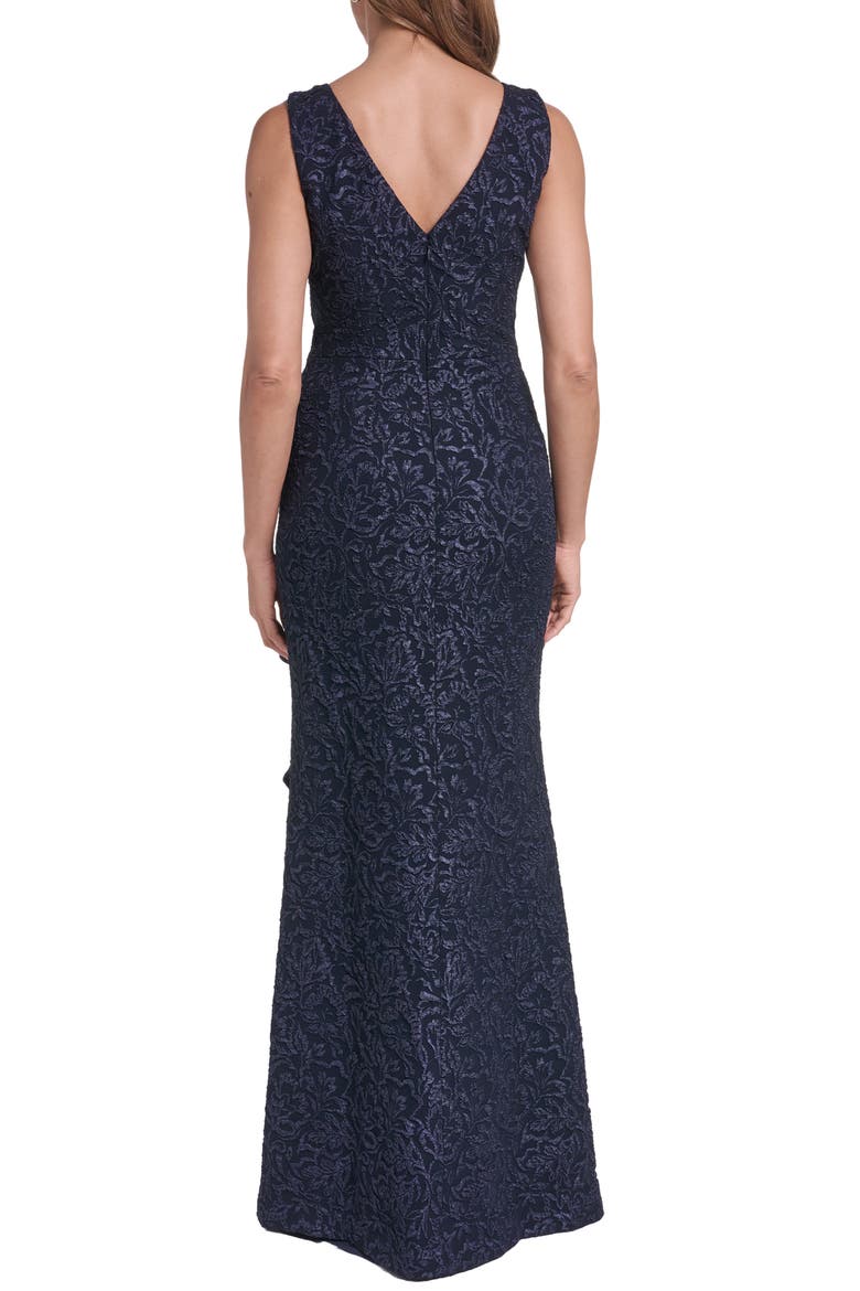 Metallic Floral Jacquard Cascade Ruffle Gown, Alternate, color, NAVY