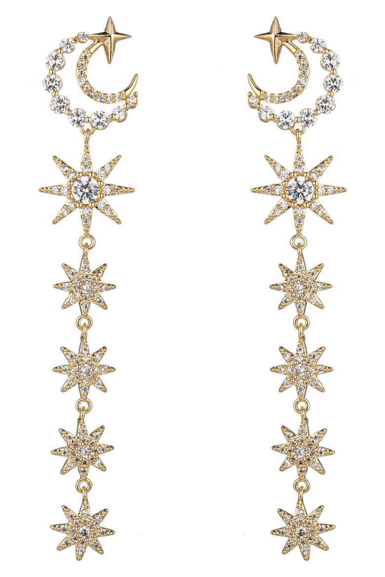 Moon & Star CZ Linear Drop Earrings, Main, color, GOLD