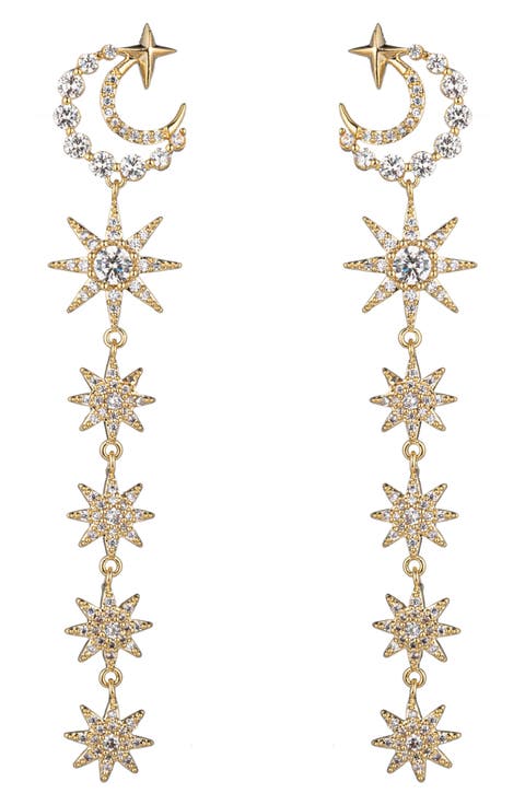 Moon & Star CZ Linear Drop Earrings