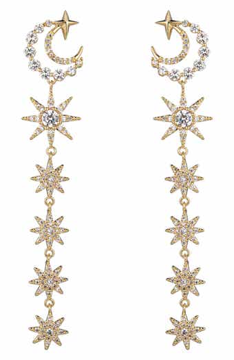 Moon & Star CZ Linear Drop Earrings
