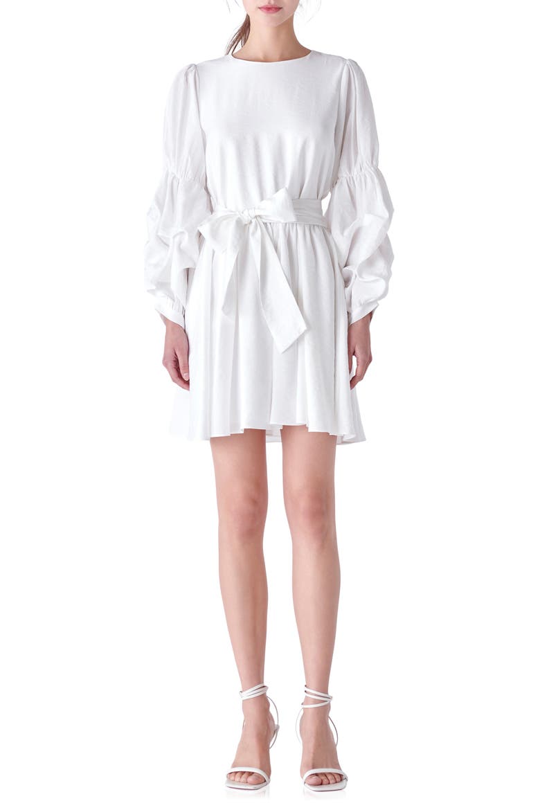 Cinched Puff Shoulder Long Sleeve Tie Belt Dress, Main, color, WHITE