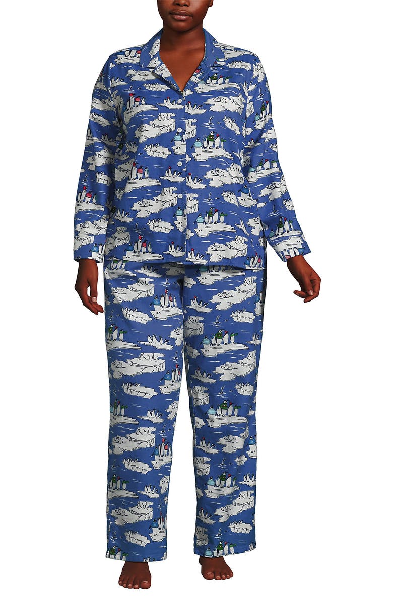Lands
 End Flannel 2 Piece Pajama Set - Long Sleeve Shirt and Pants, Main, color, Cobalt Blue Holiday Penguins