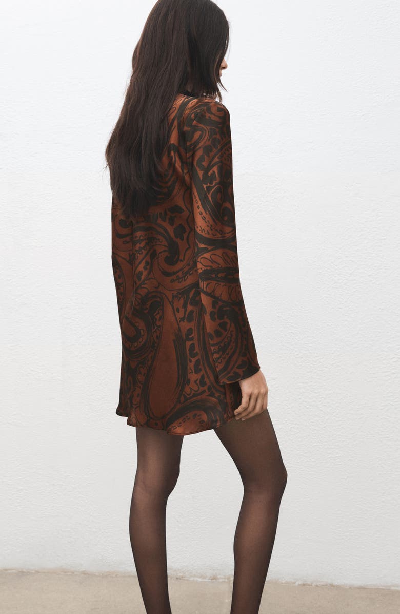 MANGO Paisley Long Sleeve Satin Dress, Alternate, color, Burnt Orange