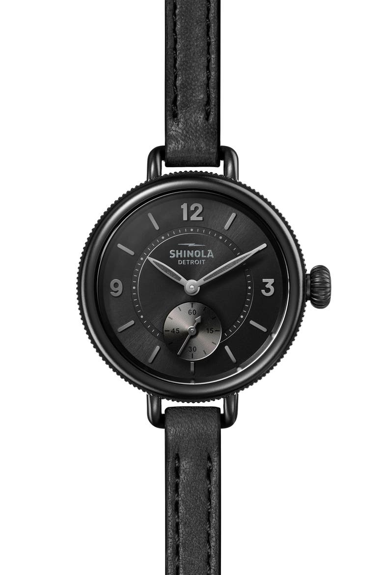The Birdy Leather Strap Watch, 34mm, Main, color, BLACK