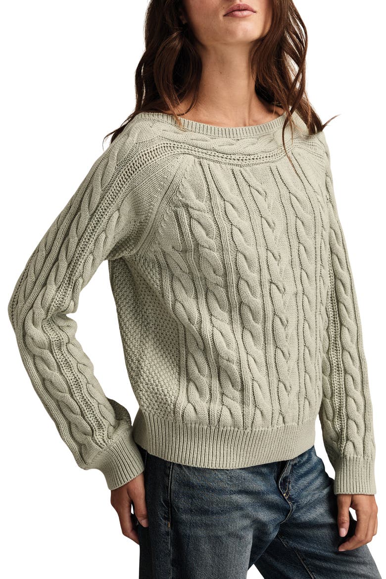 Cable Stitch Boat Neck Cotton Sweater, Alternate, color, AQUA GRAY