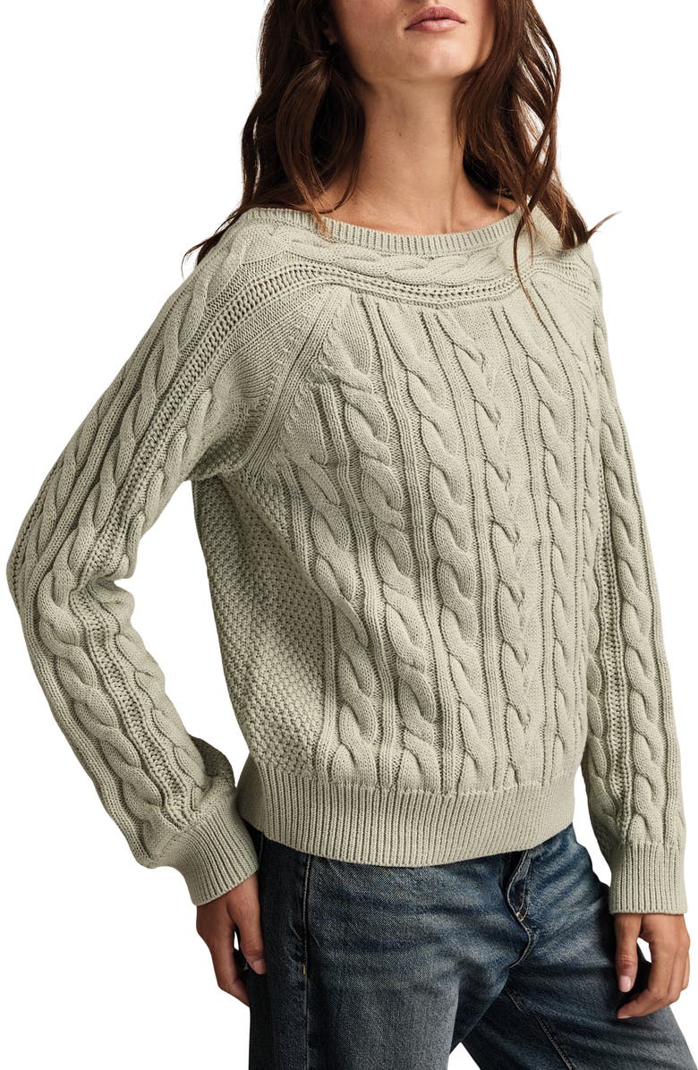 Lucky Brand Cable Stitch Boat Neck Cotton Sweater, Alternate, color,