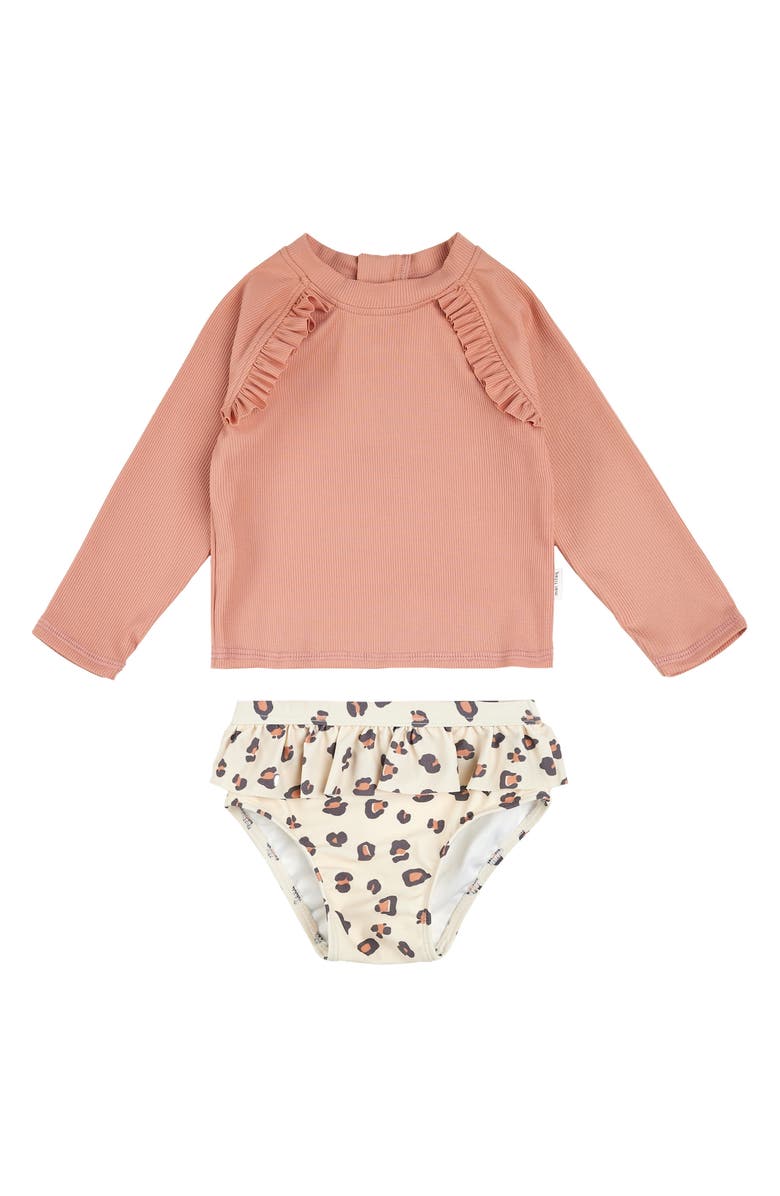 Petit Lem Rib Long Sleeve Two-Piece Rashguard Swimsuit, Main, color, Coral