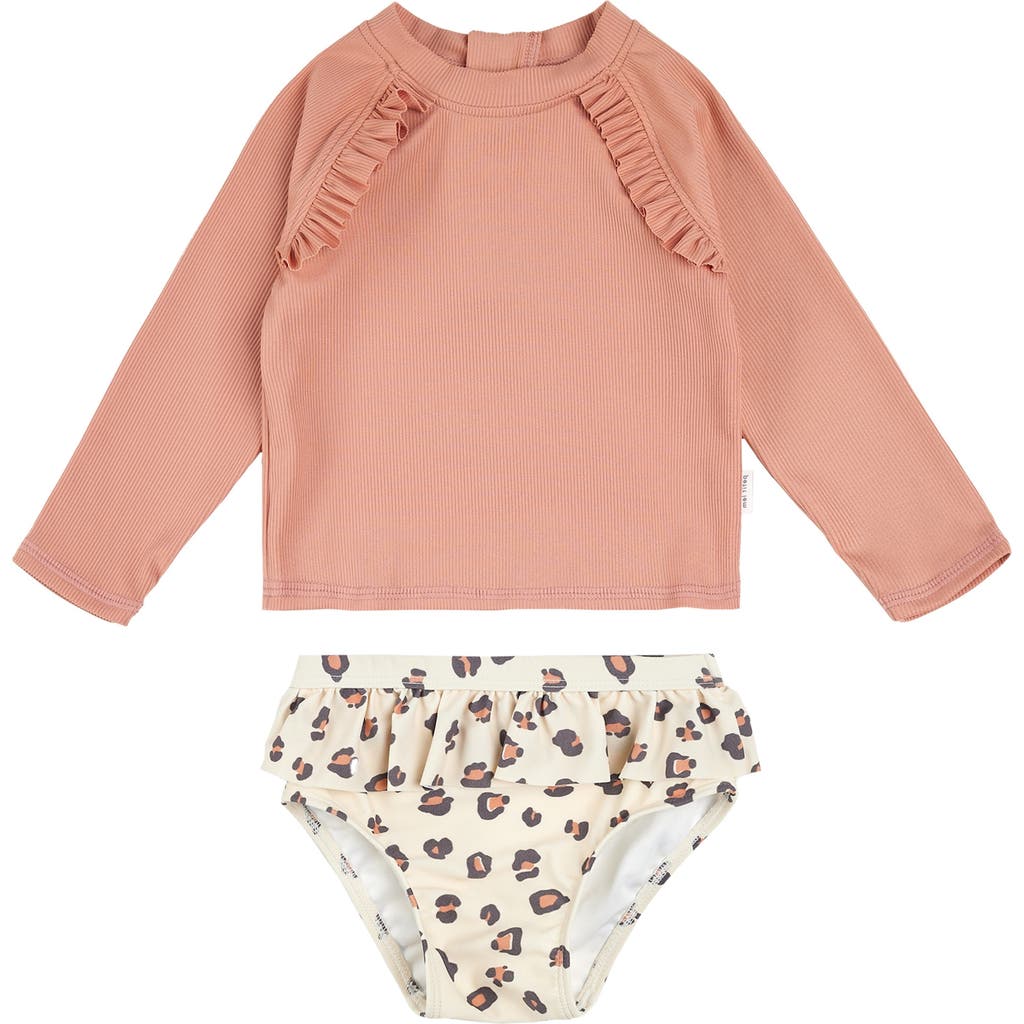 Petit Lem Rib Long Sleeve Two-piece Rashguard Swimsuit In Coral