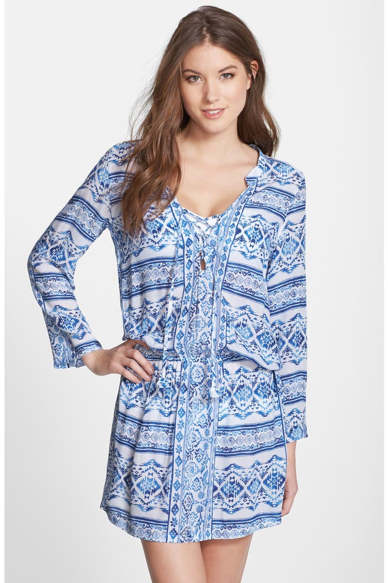 'Lucy' Print Cover-Up Tunic, Main, color, WHITE/ROYAL