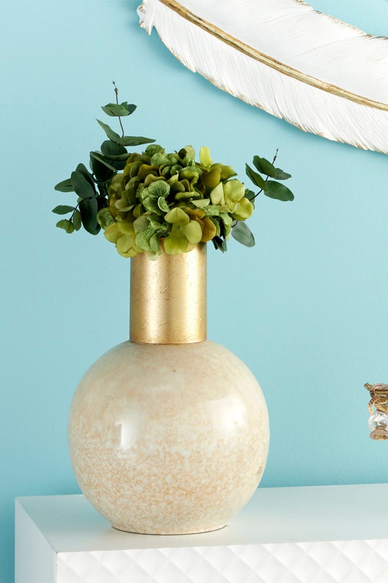 White Metal Vase with Goldtone Accent, Alternate, color, WHITE
