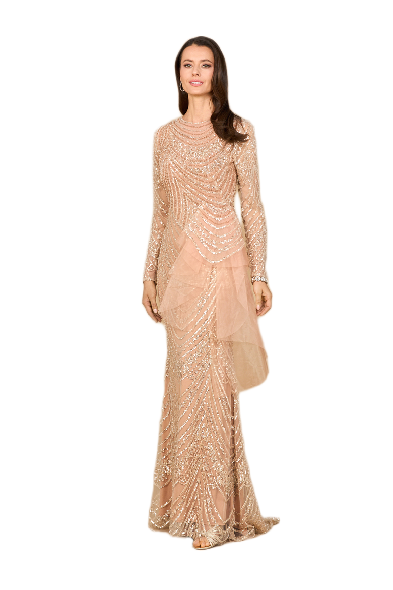 Beaded Long Sleeve Gown with Tulle Applique, Main, color, Dusty Rose