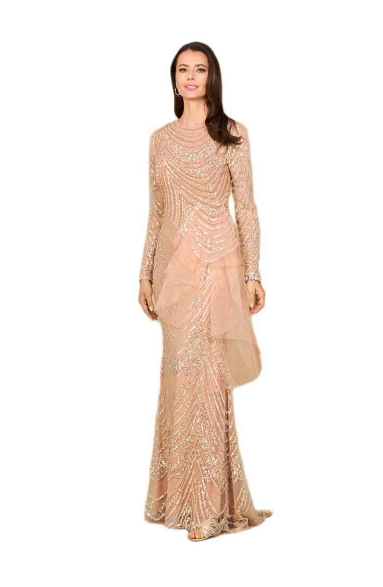 LARA New York Beaded Long Sleeve Gown with Tulle Applique, Main, color, Dusty Rose