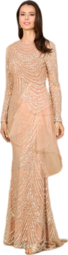 LARA New York Beaded Long Sleeve Gown with Tulle Applique