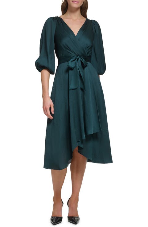 Balloon Sleeve Faux Wrap Midi Dress