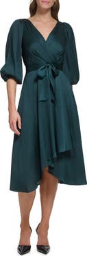 DKNY Balloon Sleeve Faux Wrap Midi Dress
