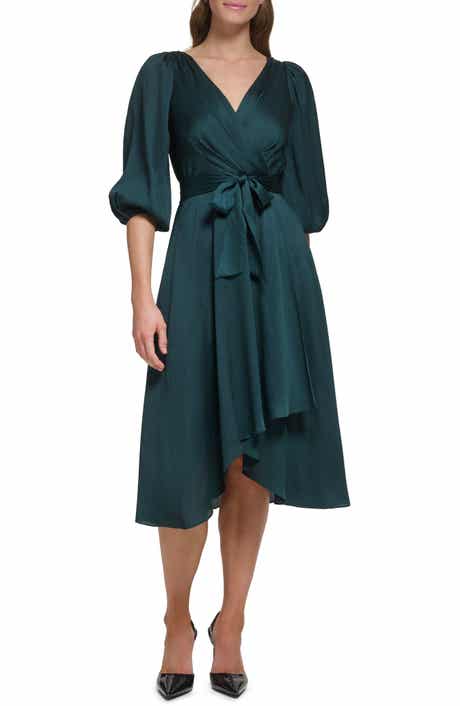 Balloon Sleeve Faux Wrap Midi Dress