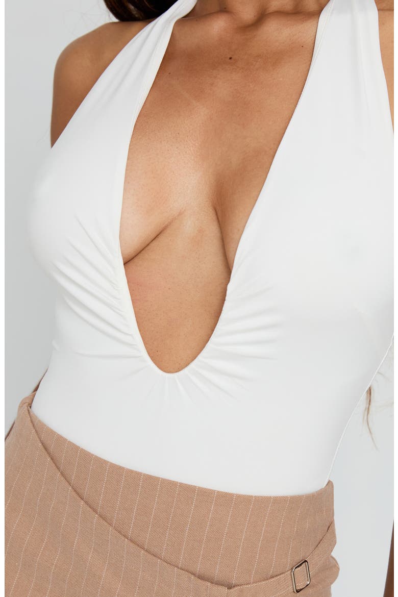 Emmalyne Plunge Neck Halter Bodysuit, Alternate, color, WHITE