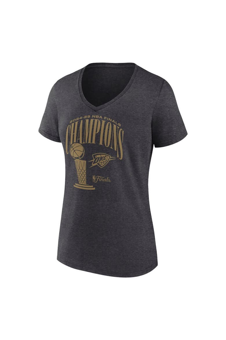Women's Fanatics  Heather Charcoal Oklahoma City Thunder 2025 NBA Finals Champions Double Dribble V-Neck T-Shirt, Alternate, color, Heather Charcoal