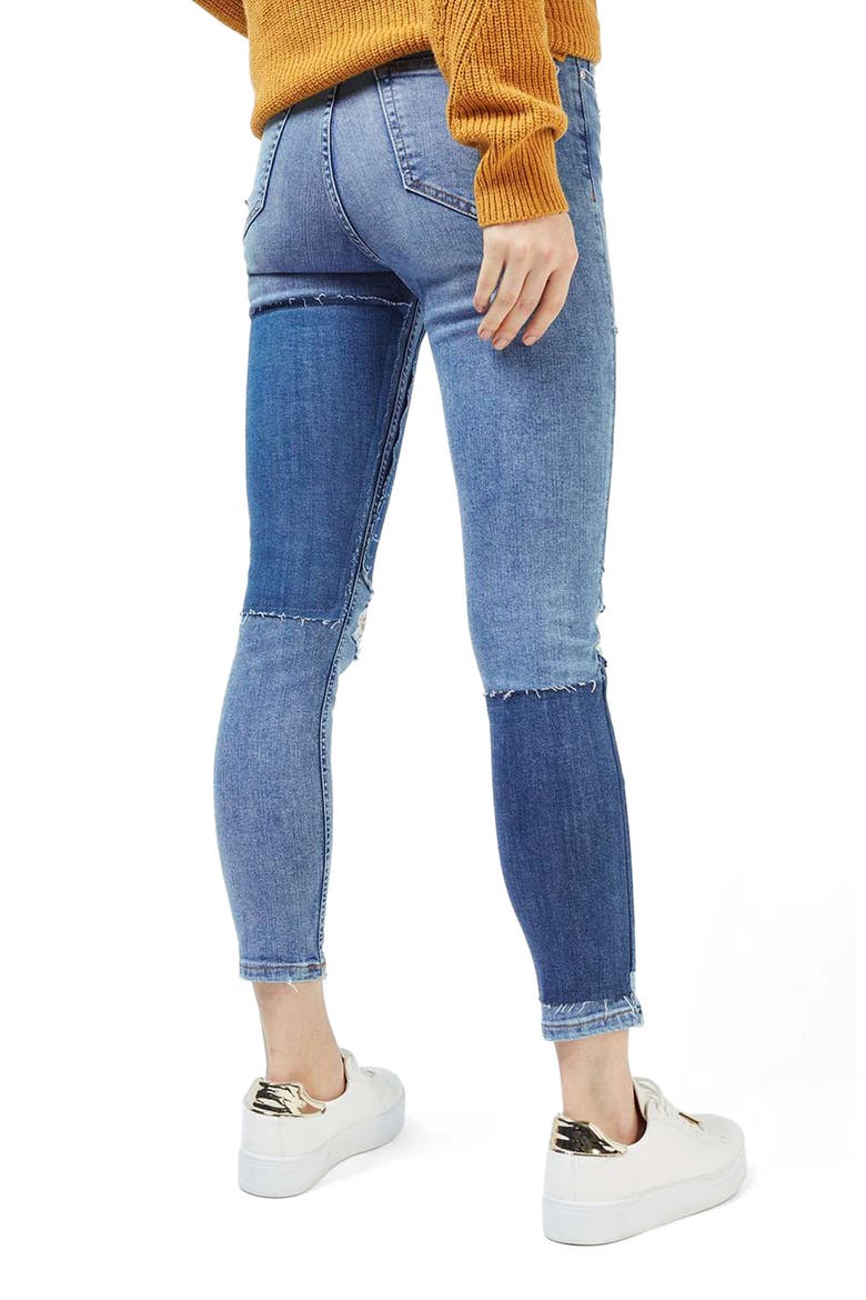 Moto Jamie Rip Panel Skinny Jeans, Alternate, color, MID DENIM