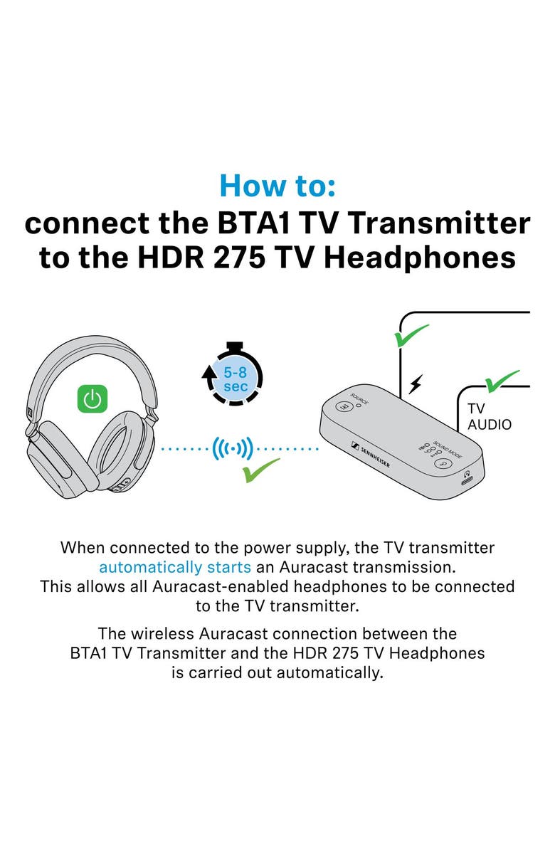 Sennheiser BTA1 TV Transmitter for Bluetooth Auracast Wireless Headphones, Alternate, color, Black