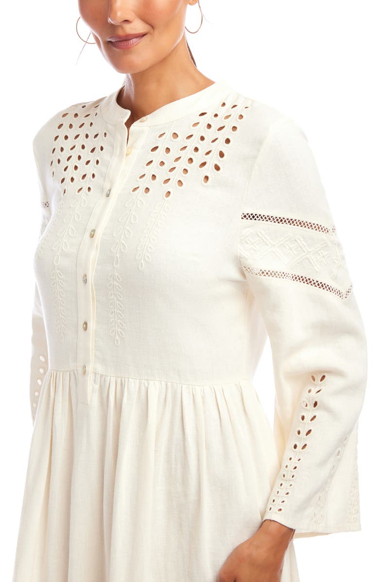 Karen Kane Embroidery & Eyelet Detail Long Sleeve Linen Blend Dress, Alternate, color, Cream