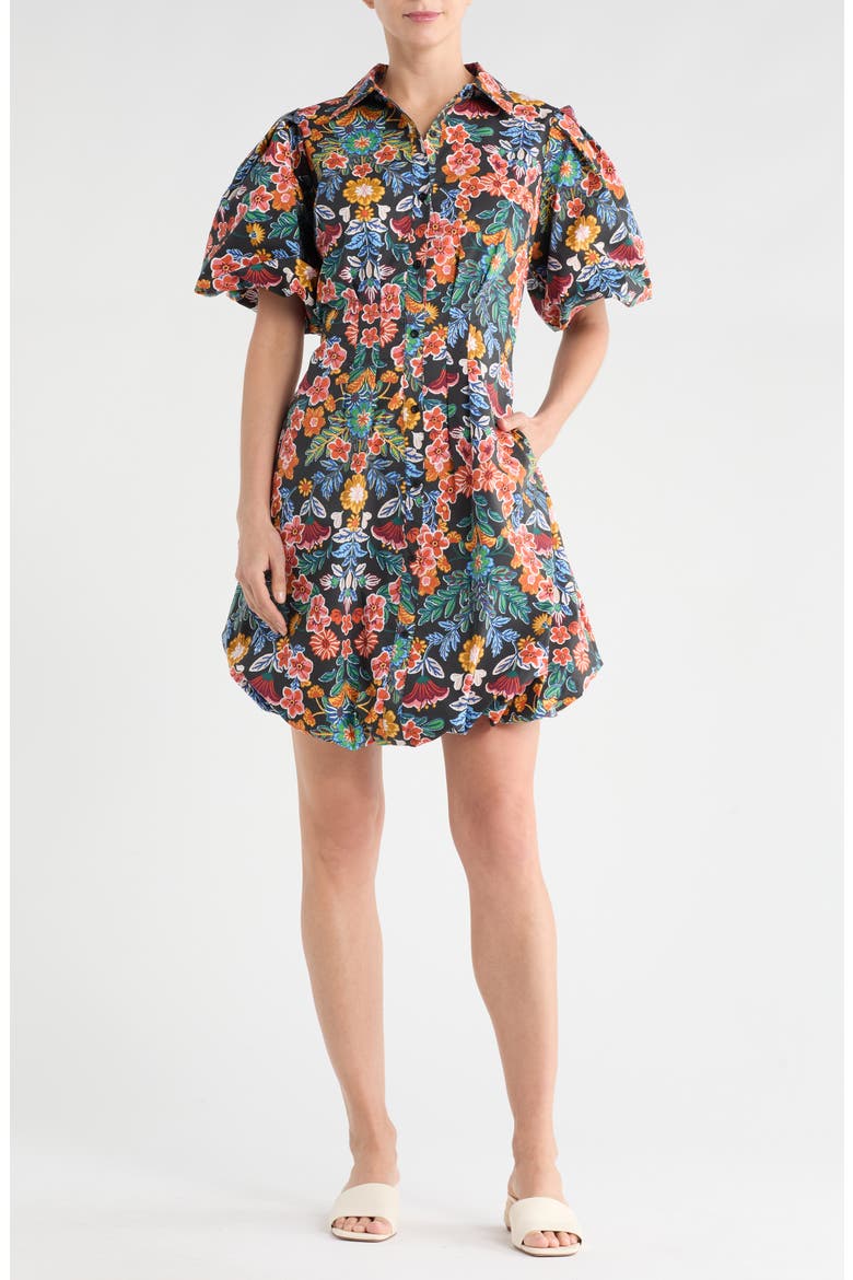 Puff Sleeve Bubble Hem Shirtdress, Main, color, FOLK FLOWER