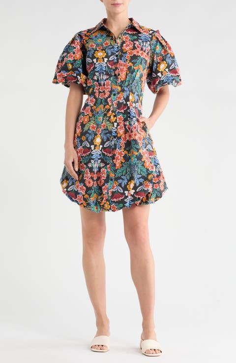 Puff Sleeve Bubble Hem Shirtdress