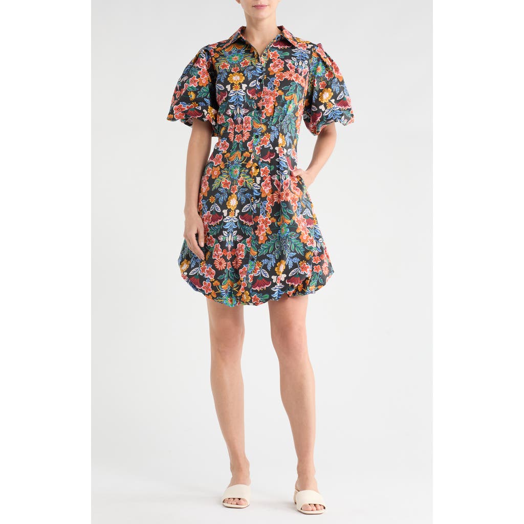 Love By Design Charlotte Puff Sleeve Bubble Hem Shirtdress In Multi