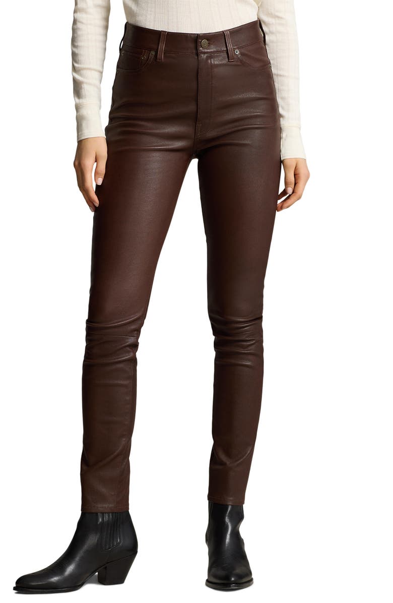 Polo Ralph Lauren Leather Ankle Skinny Pants, Main, color, Mahogany