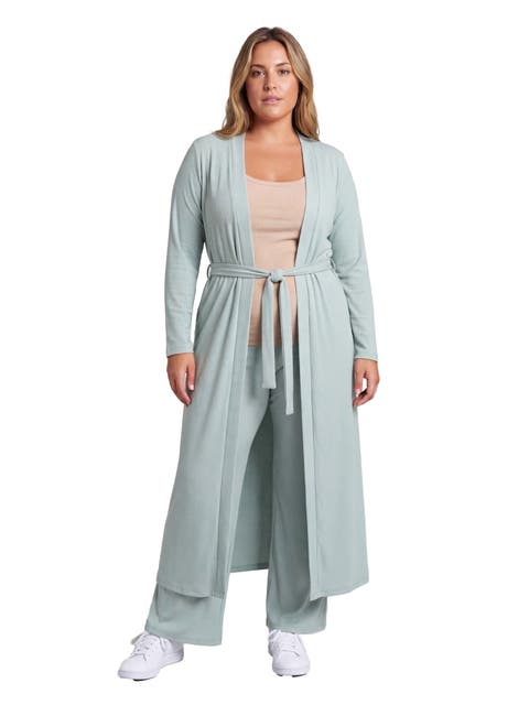 Curvy Basic Long Sleeve Tie Waist Soft Jacket and Elastic Waist Wide Leg Pant Set