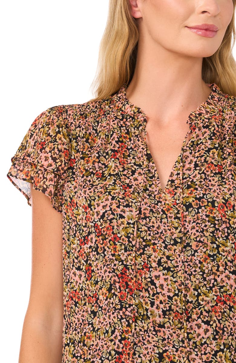 CeCe Print Ruffle Sleeve Tie Neck Top, Alternate, color,