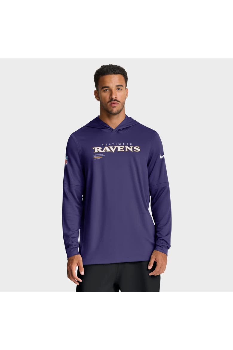 Men's Nike Purple Baltimore Ravens Sideline Pure Fury Performance Long Sleeve Hoodie T-Shirt, Alternate, color, Purple