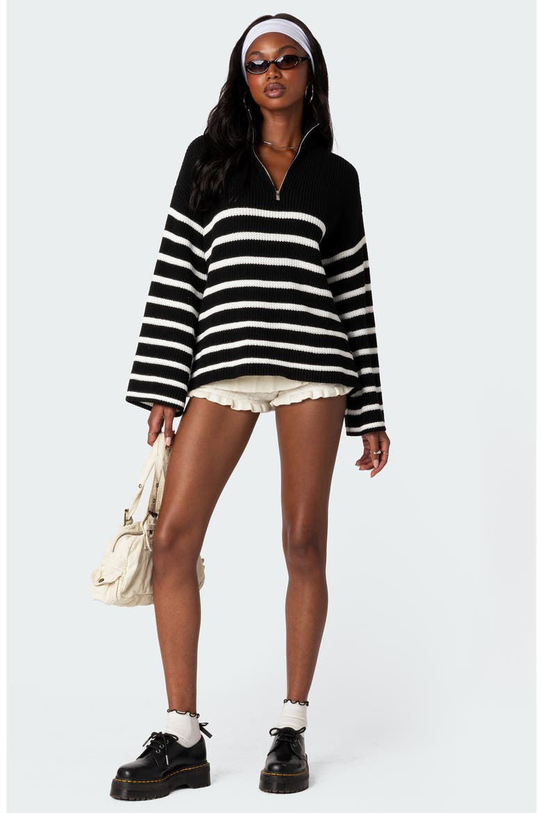 Stripe Oversize Quarter Zip Sweater, Alternate, color, BLACK-AND-WHITE