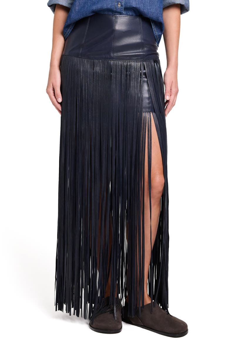 Tangled Up Genuine Leather Fringe Skirt, Main, color, MIDNIGHT