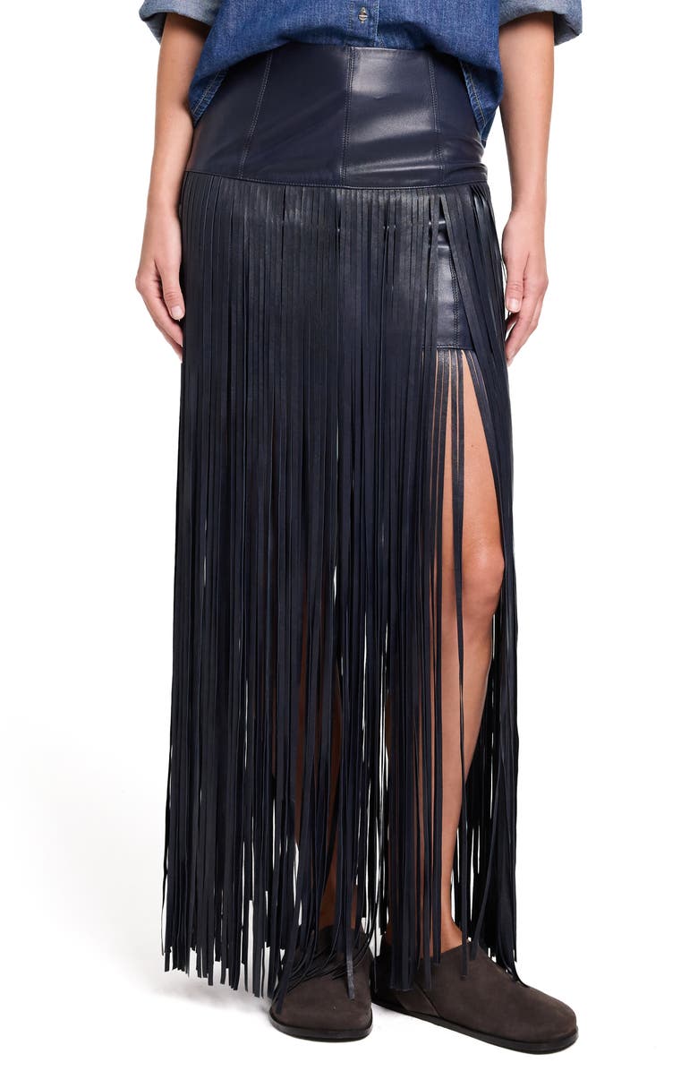 TWP Tangled Up Genuine Leather Fringe Skirt, Main, color, Midnight