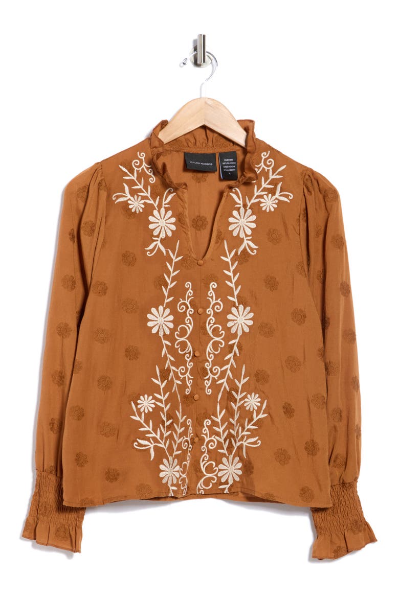 Floral Embroidered Smocked Cuff Top, Alternate, color, CINNAMON