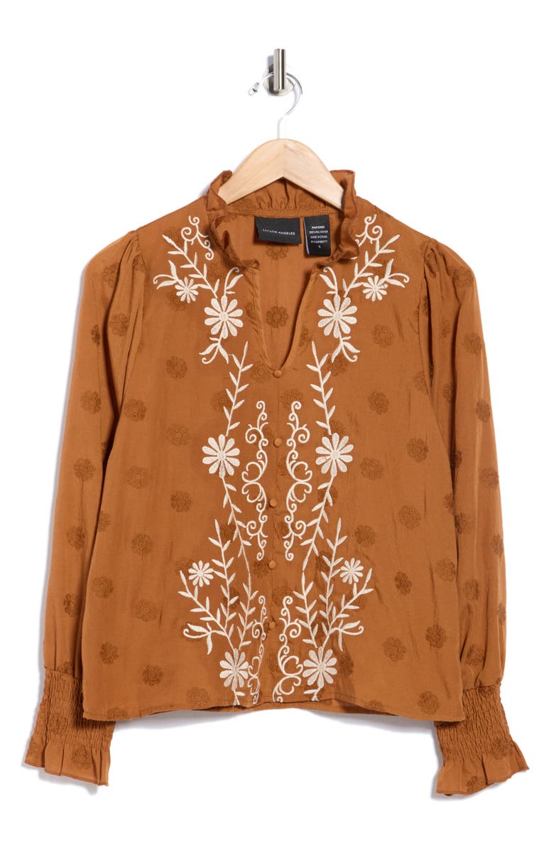 Forgotten Grace Floral Embroidered Smocked Cuff Top, Alternate, color, Cinnamon