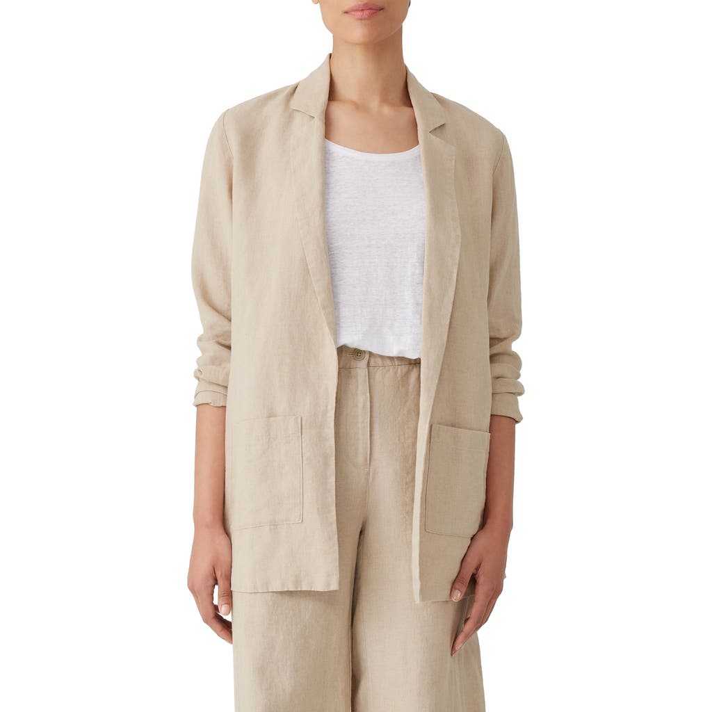 Eileen Fisher Notch Lapel Longline Organic Linen Blazer in Undyed Natural