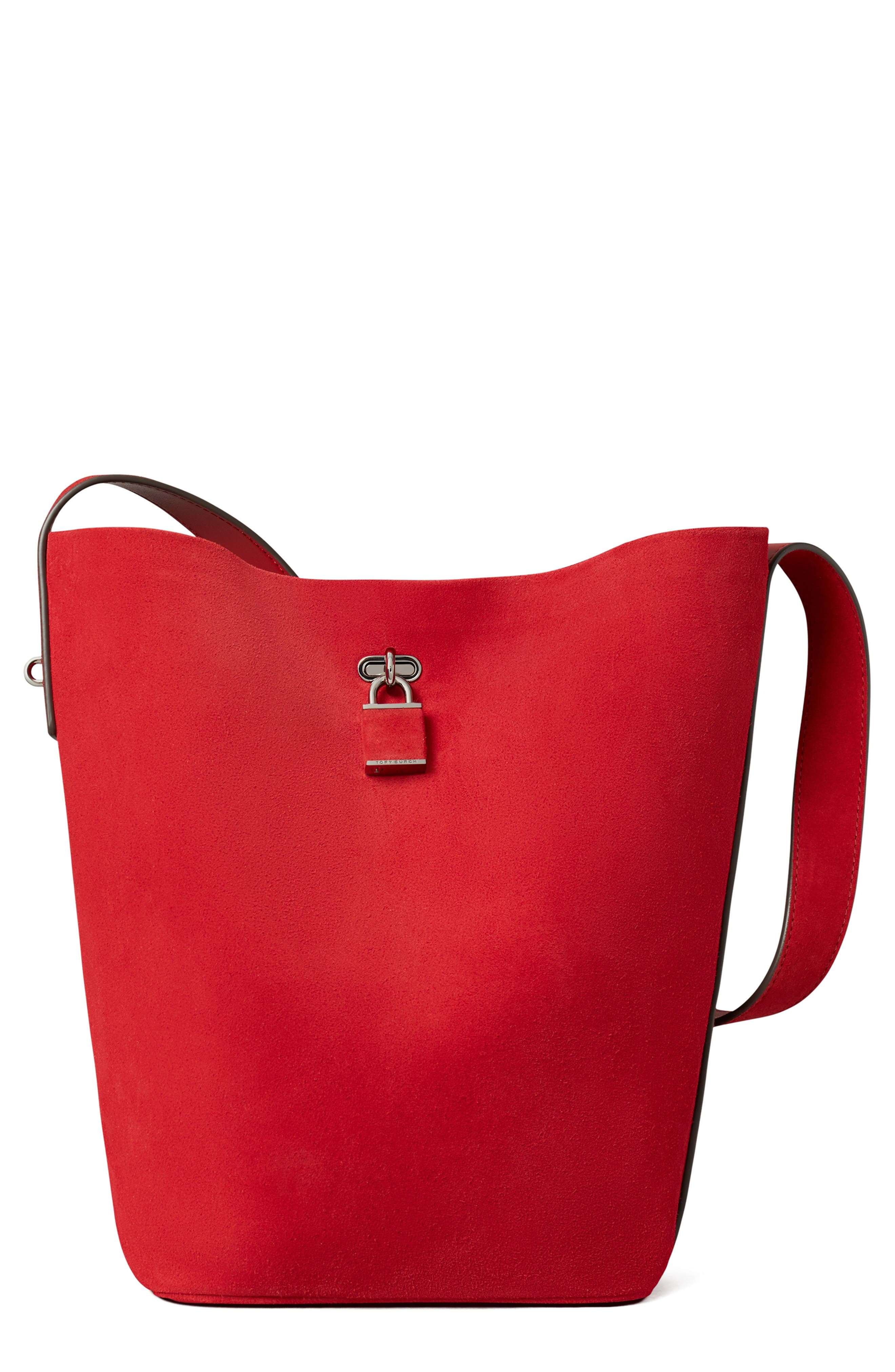 Tory Burch Slim Suede Bucket Bag, Main, color, Red