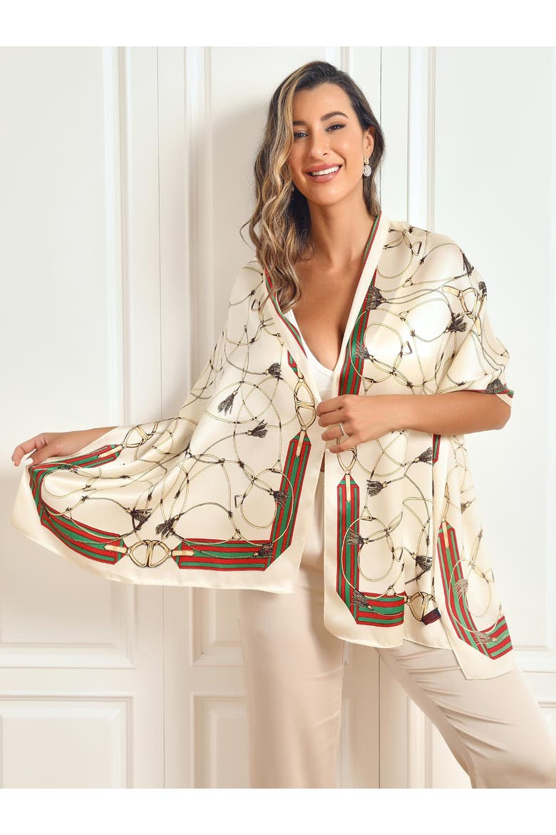 Silk Printed Rectangular Long Stole Scarf, Main, color, Beige