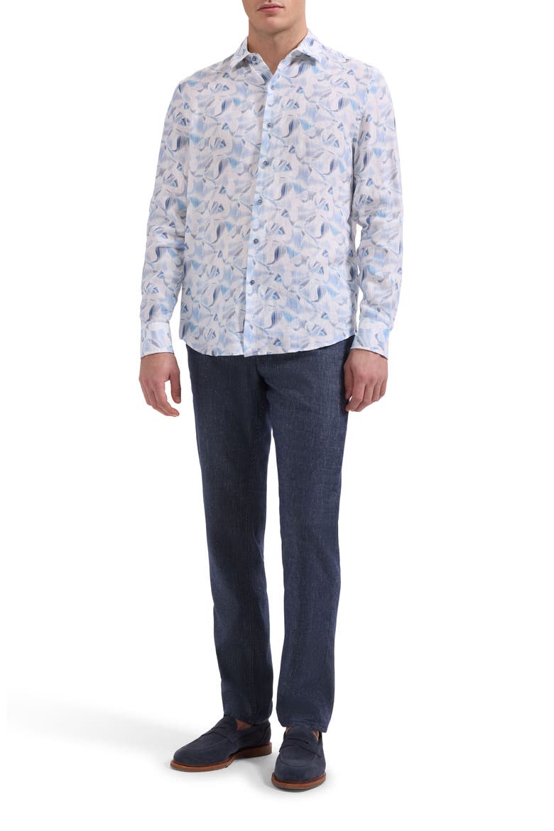 Julian Shaped Fit Abstract Print Linen Button-Up Shirt, Alternate, color, AIR BLUE