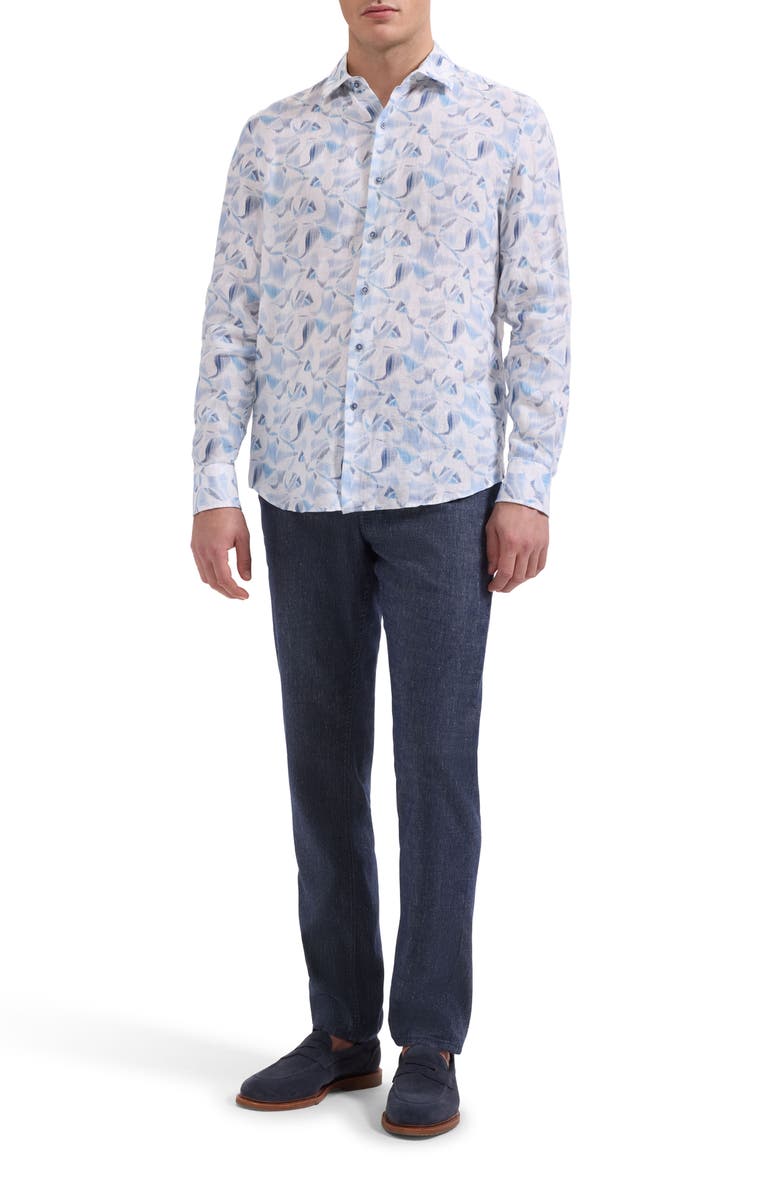 Bugatchi Julian Shaped Fit Abstract Print Linen Button-Up Shirt, Alternate, color, Air Blue