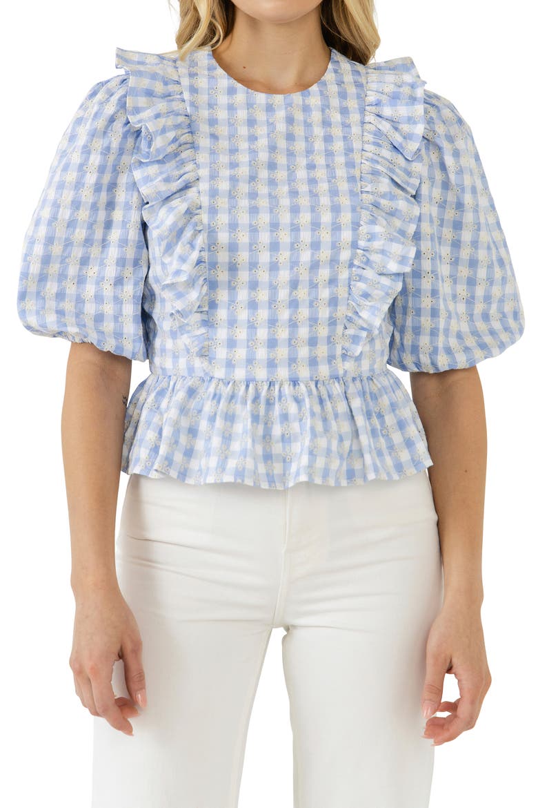 Embroidered Gingham Print Top, Alternate, color, POWDER BLUE