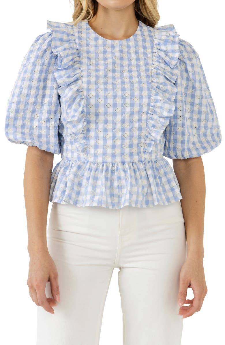 English Factory Embroidered Gingham Print Top, Alternate, color, 