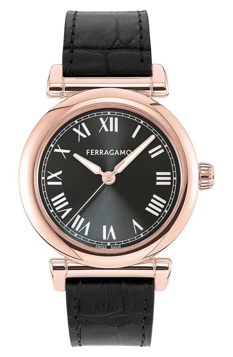 FERRAGAMO Allure Leather Strap Watch, 36mm, Main, color, Rose Gold
