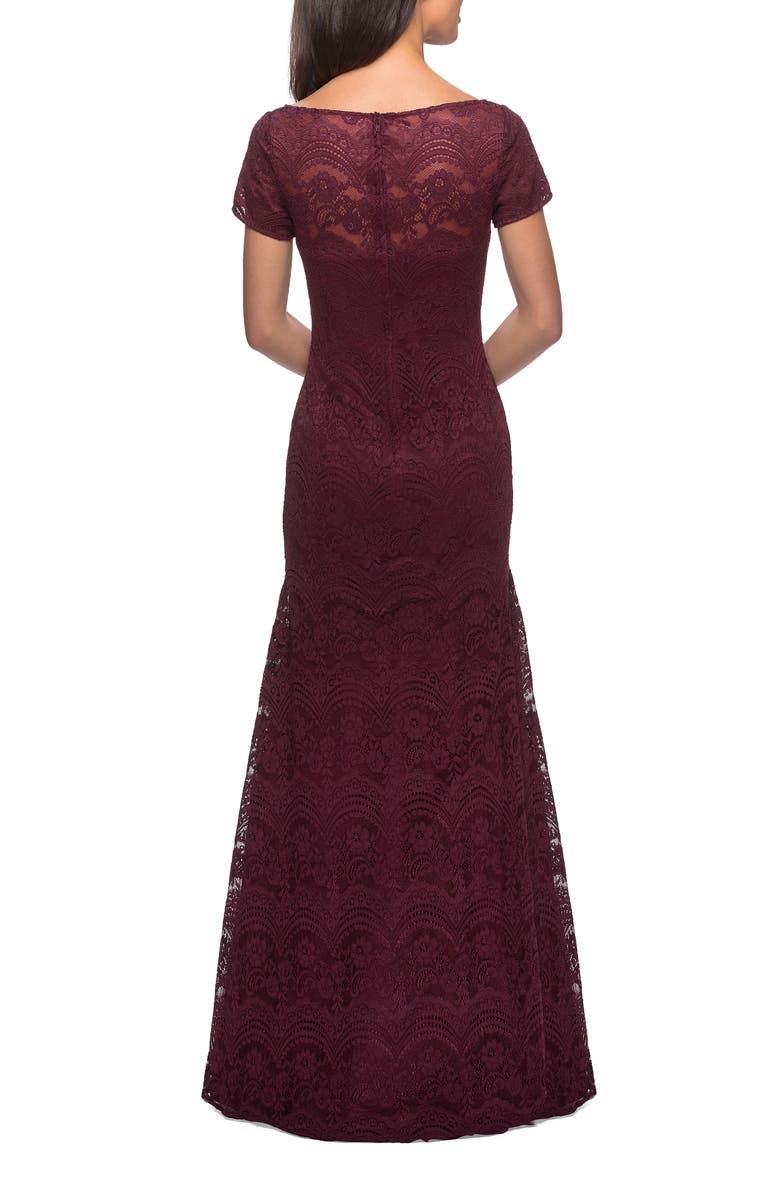 La Femme Floor Length Lace Gown with Short Sleeves, Alternate, color, Garnet